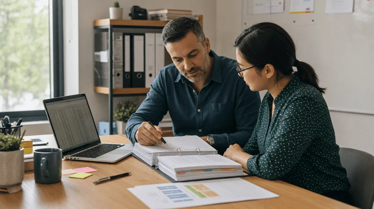 Twee collega’s aan een bureau gaan samen een dikke ordner met papieren door, met een laptop ernaast